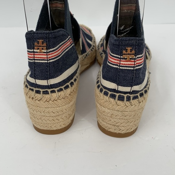 Tory Burch Catalina wedge espadrille shoe red white blue stripe canvas logo 7 - Picture 5 of 6